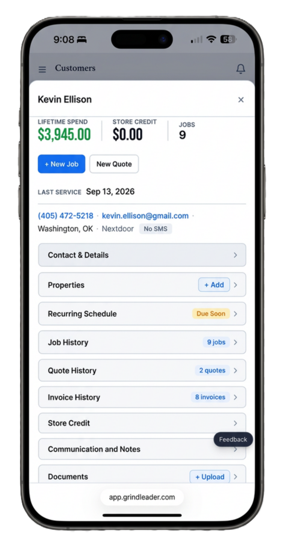 GrindLeader running on an iPhone: a customer profile with lifetime spend, recurring schedule, and full job, quote, and invoice history